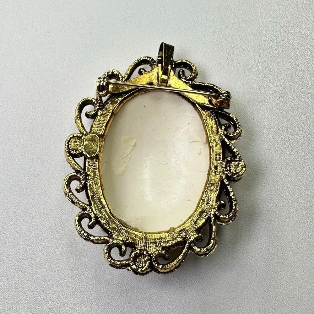 Vintage Gold Tone Filigree Floral Cameo Brooch Pendant with Pearls Textured Rose